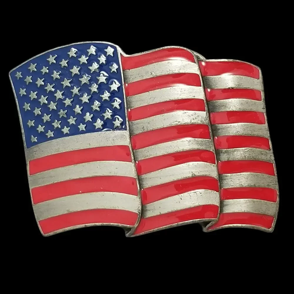 Waving American Flag Pewter Belt Buckle USA Patriotic Stars and Stripes Siskiyou